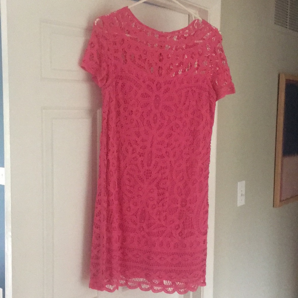 Pink Battenberg lace dress.